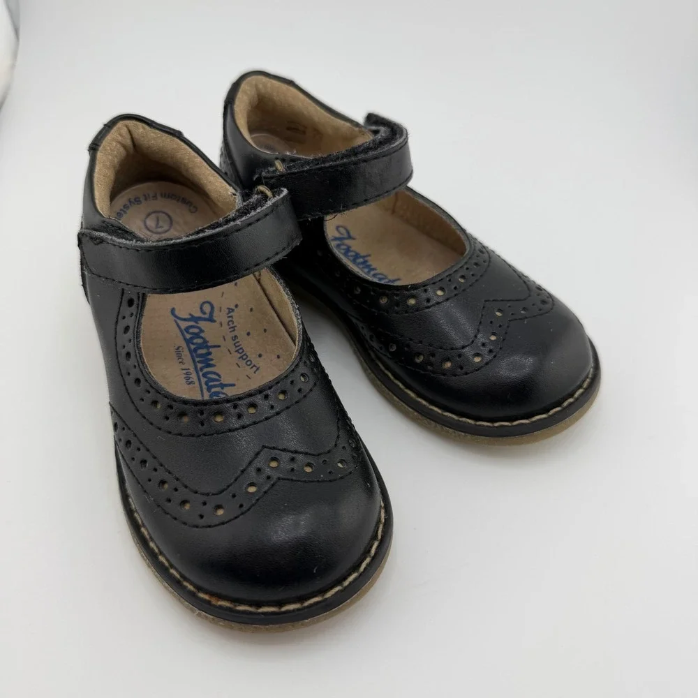 Footmate Kids Black Leather Mary‎ Jane Shoes Wingtip Arch Support Wide Size 7